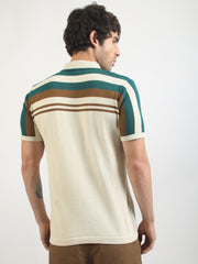 Cream Espresso Panel Flat-Knit Half Sleeve Polo T-Shirt