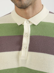 Cream Hawaii Stripes Flat-Knit Half Sleeve Polo T-Shirt