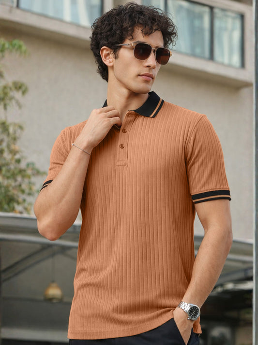 DropKnit Contrast Coral Orange Half Sleeve Polo T-Shirt
