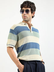 Monaco Stripe Flat-Knit Half Sleeve Polo T-Shirt – Cream & Denim Blue