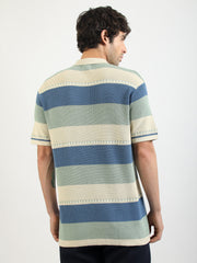 Monaco Stripe Flat-Knit Half Sleeve Polo T-Shirt – Cream & Denim Blue