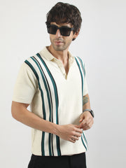 Cape Town Stripe Flat-Knit Polo – Cream Half-Sleeve