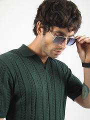 Dark Green Evergreen Flat-Knit Half Sleeve Polo T-Shirt