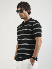Black Precision Stripe Flat-Knit Half Sleeve Polo T-Shirt