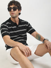 Black Precision Stripe Flat-Knit Half Sleeve Polo T-Shirt