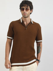 Terra Cotta Cotton Flatknit Brown Half Sleeve Polo T-Shirt