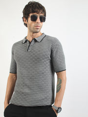 Dark Grey Toasted Waffle Flatknit Cotton Half Sleeve Polo T-Shirt