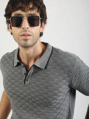 Dark Grey Toasted Waffle Flatknit Cotton Half Sleeve Polo T-Shirt