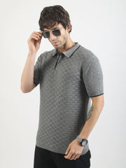 Dark Grey Toasted Waffle Flatknit Cotton Half Sleeve Polo T-Shirt