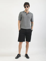 Dark Grey Toasted Waffle Flatknit Cotton Half Sleeve Polo T-Shirt