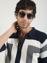 L-Block Navy Cotton Flatknit Half Sleeve Polo T-Shirt