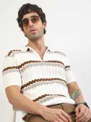 Dimensional Flatknit Cotton White & Brown Half Sleeve Polo T-Shirt