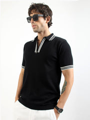 Black Noble Flat-Knit Half-Sleeve Polo T-Shirt