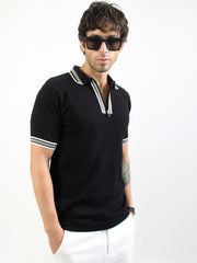 Black Noble Flat-Knit Half-Sleeve Polo T-Shirt