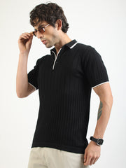 Black Stockholm Flat-Knit Half Sleeve Polo T-Shirt