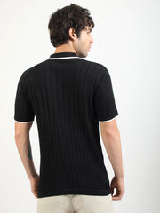 Black Stockholm Flat-Knit Half Sleeve Polo T-Shirt