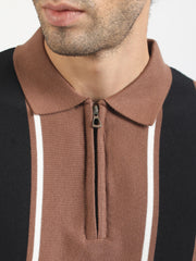Brown Rome Stripes Flat-Knit Half Sleeve Polo T-Shirt