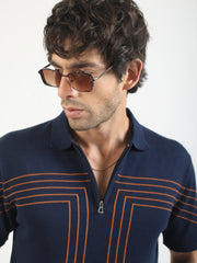 Tokyo Circuit Navy Flat-Knit Half Sleeve Polo T-Shirt