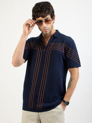 Tokyo Circuit Navy Flat-Knit Half Sleeve Polo T-Shirt