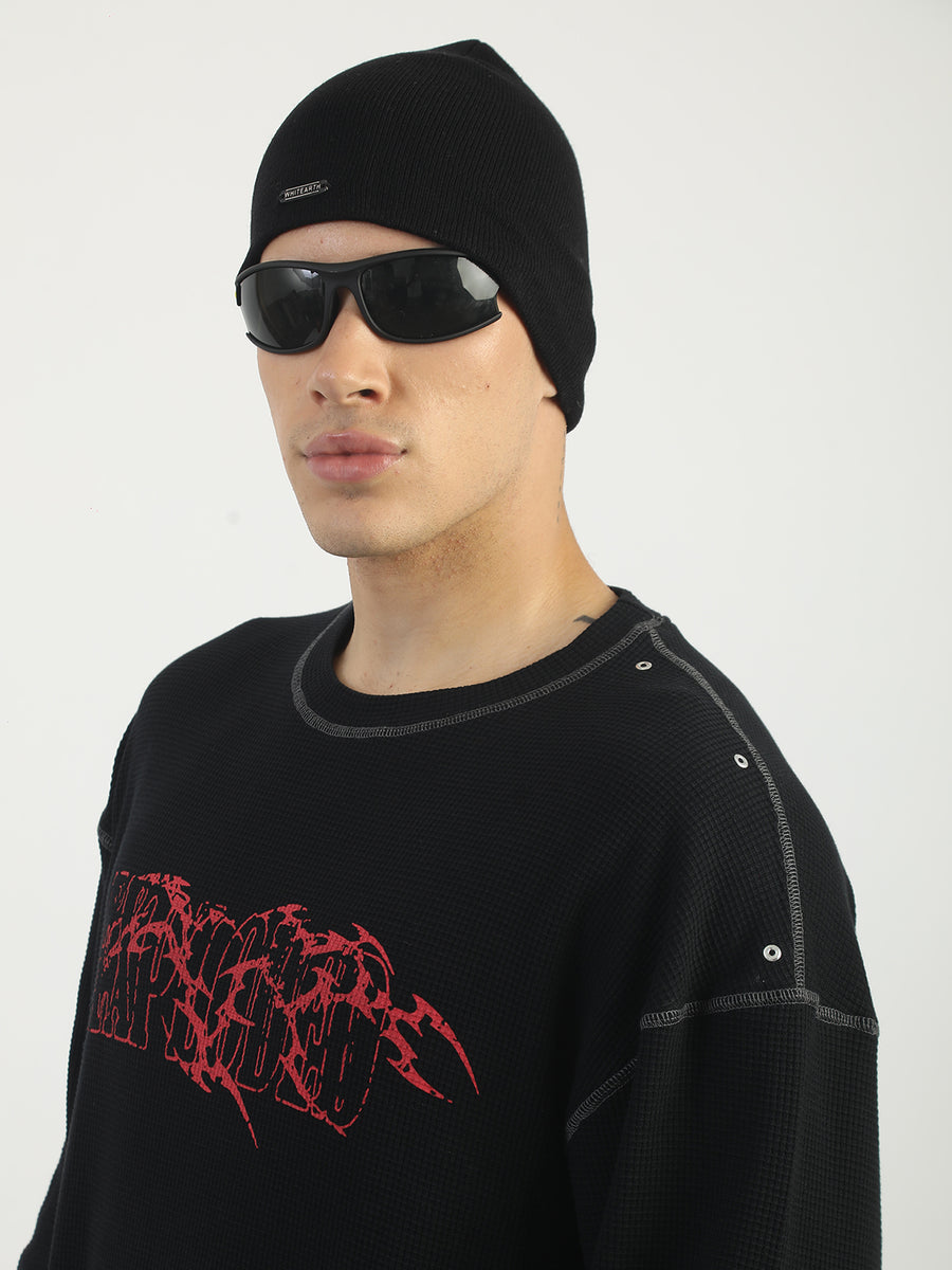 Stud Exploded Black Full Sleeve Waffle T-Shirt