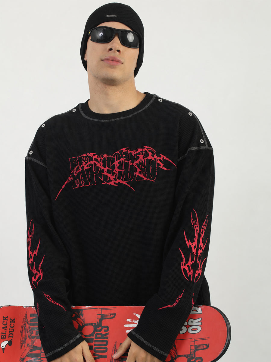 Stud Exploded Black Full Sleeve Waffle T-Shirt