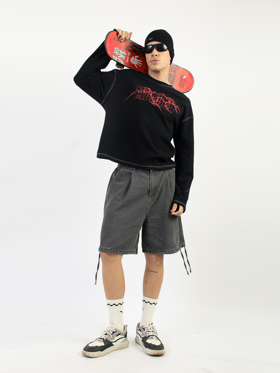 Stud Exploded Black Full Sleeve Waffle T-Shirt