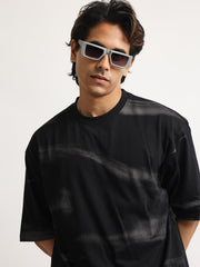 Wave Sparay Printed Black Half Sleeve T-Shirt