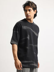 Wave Sparay Printed Black Half Sleeve T-Shirt