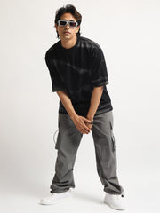 Wave Sparay Printed Black Half Sleeve T-Shirt