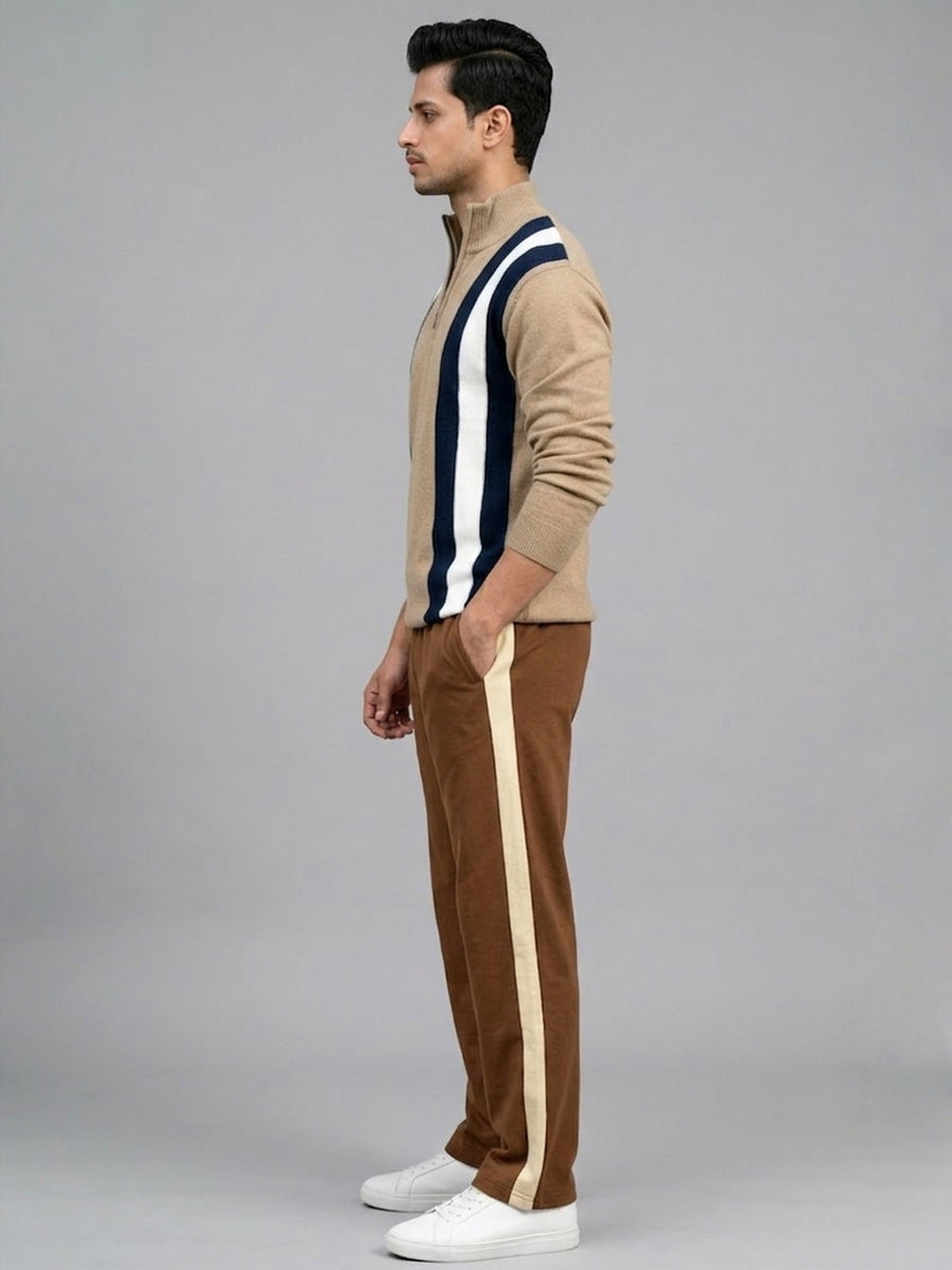 Beige Full Sleeve Half Zip Polo Co-Ord Set