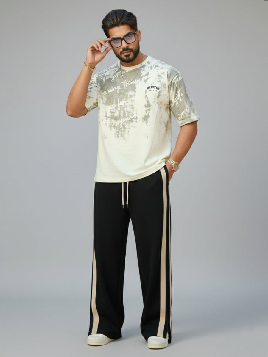 Cream & Black Printed T-Shirt Co-Ord Set