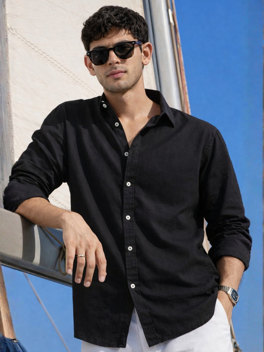 Cotton Linen Black Full Sleeve Shirt
