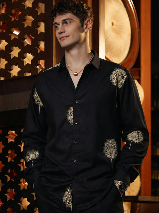 Blowball Flower Embroidery Black Full Sleeve Shirt