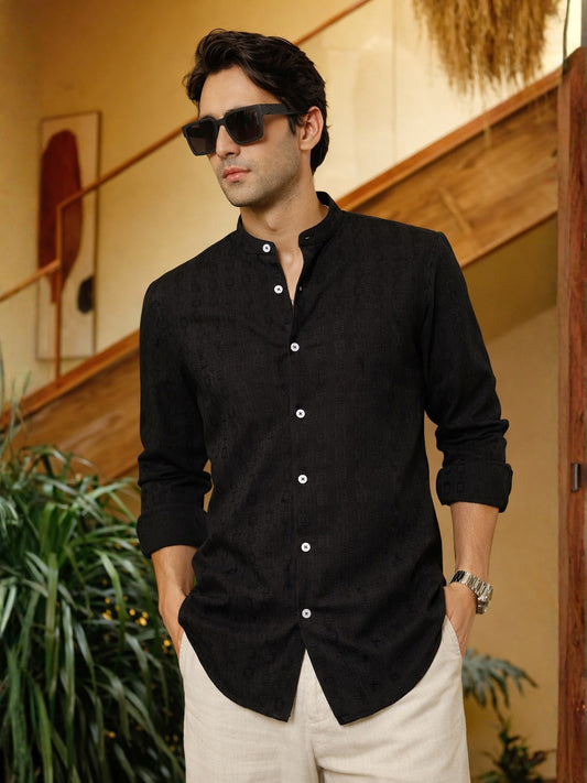 Self Jacquard Black Full Sleeve Shirt