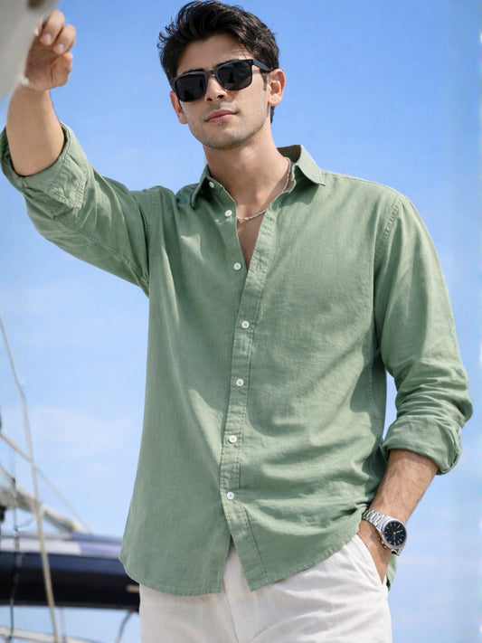 Cotton Linen Green Full Sleeve Shirt