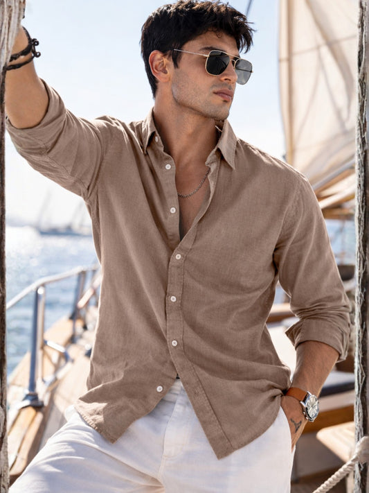 Cotton Linen Light Brown Full Sleeve Shirt