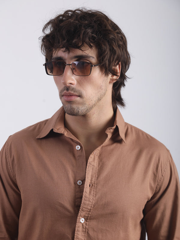 Brown full sleeve cotton linen mocha shirt for men - view 3