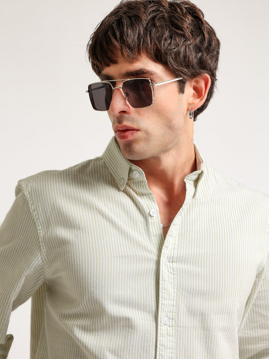 Oxford Stripes Pista Green Full Sleeve Shirt