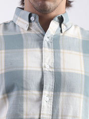 Cotton Linen Checks Teal Blue Full Sleeve Shirt