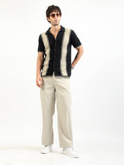 Black & Biscuit Proxy Cable Flat-Knit Half-Sleeve Polo Shirt