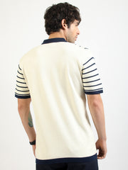 Cream Venice Stripes Flat-Knit Half-Sleeve Polo Shirt
