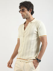 Cream Las Vegas Flat-Knit Half-Sleeve Polo Shirt