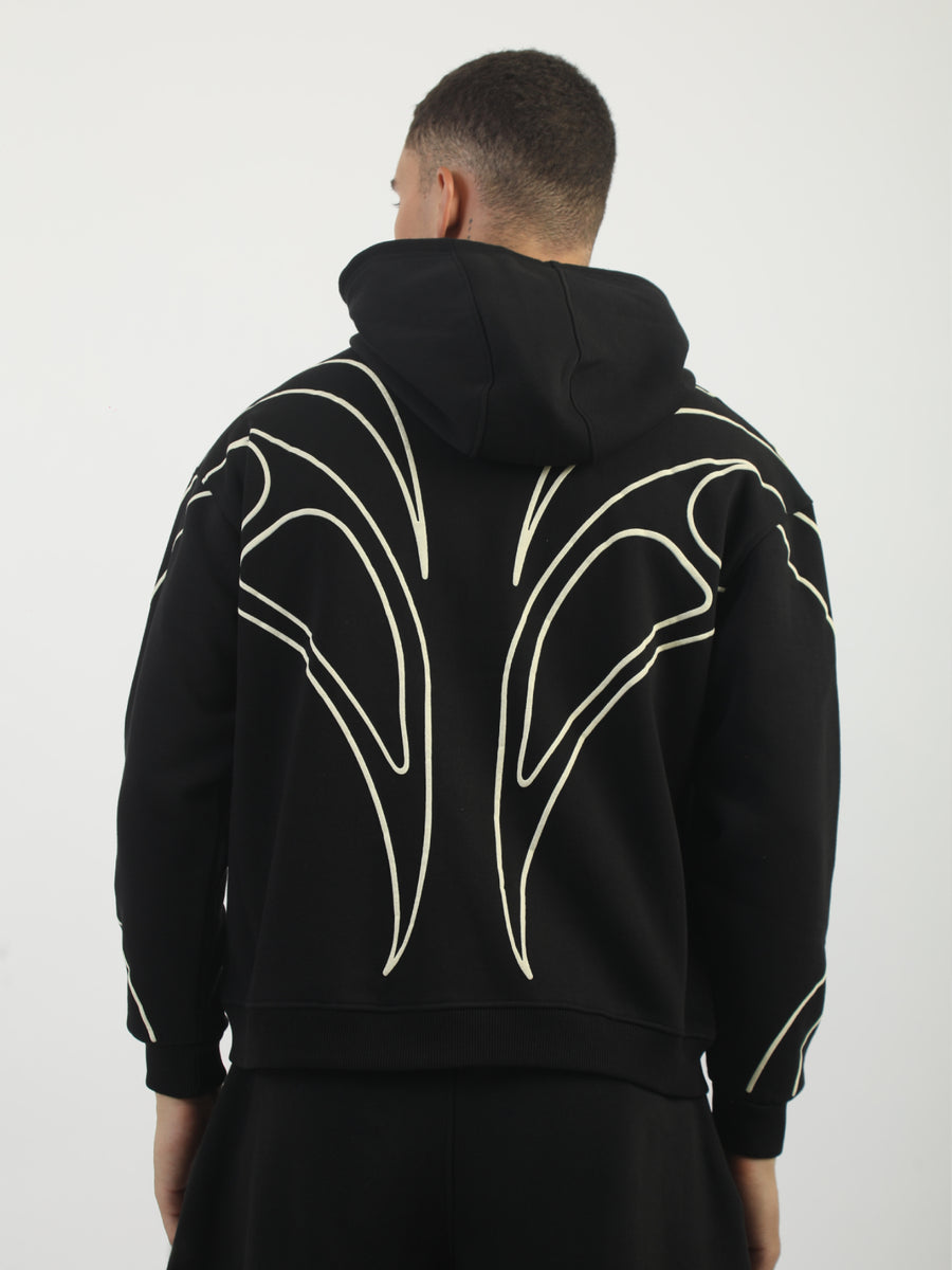 Dual Zip Puff Print Black Boxy Hoodie Sweatshirt