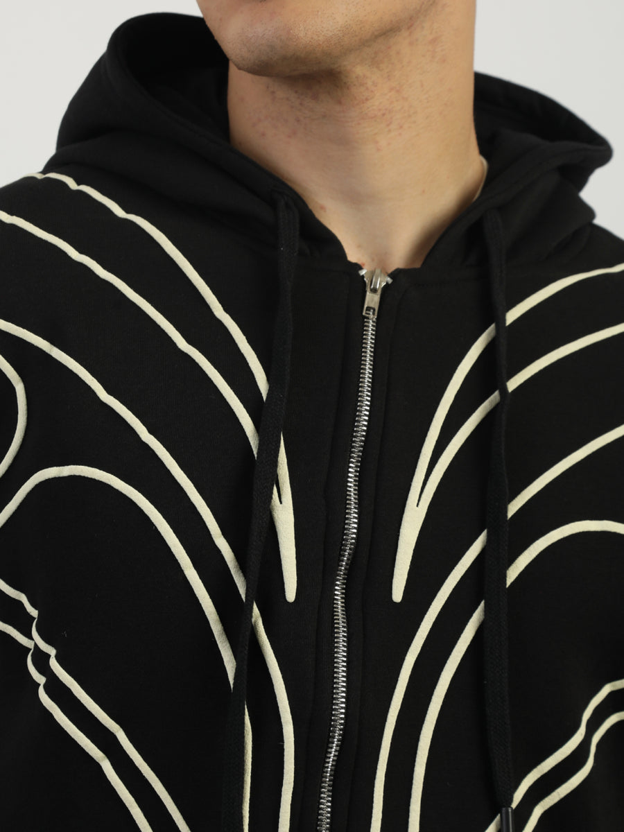 Dual Zip Puff Print Black Boxy Hoodie Sweatshirt
