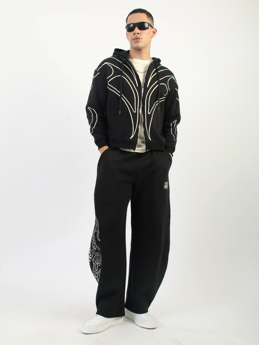 Dual Zip Puff Print Black Boxy Hoodie Sweatshirt