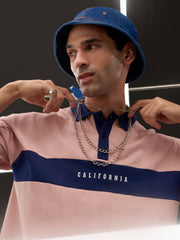California Pink & Navy Oversized Half Sleeve Polo T-Shirt