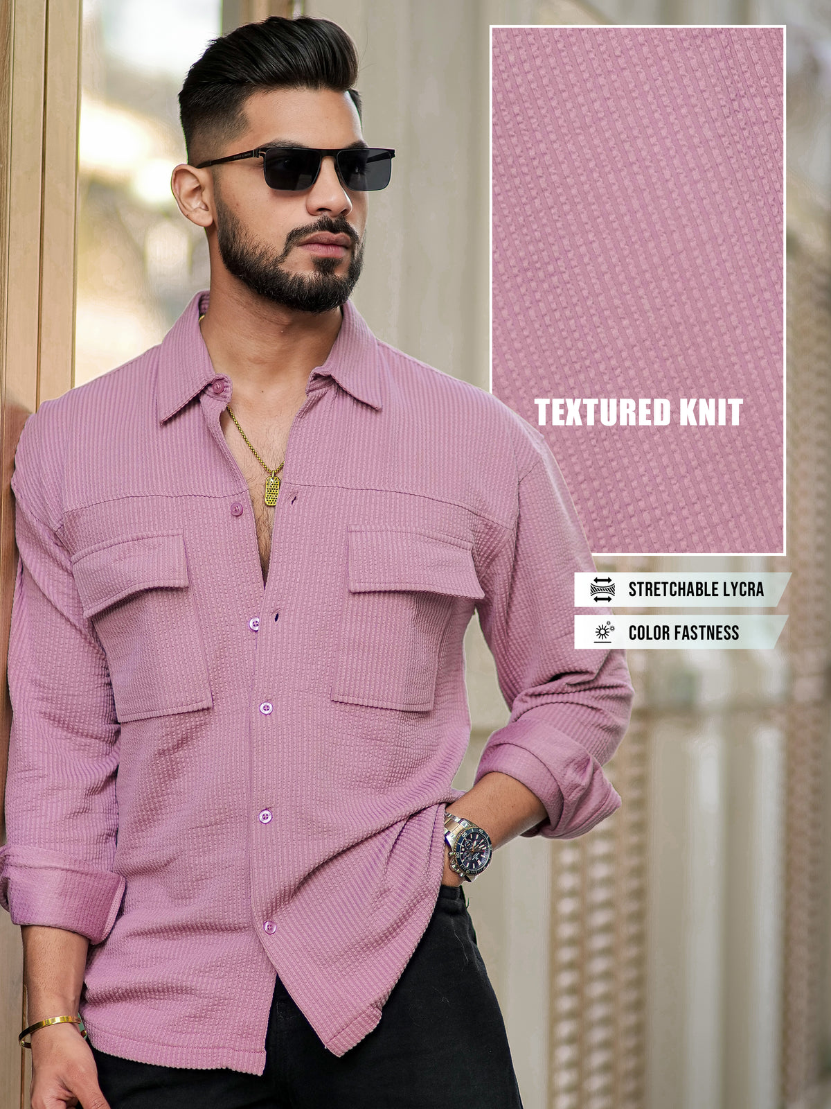 Pink full sleeve elliot knit lycra shirt for men - view 2