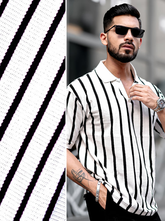 Popcorn Knit White Polo Half Sleeve T-Shirt