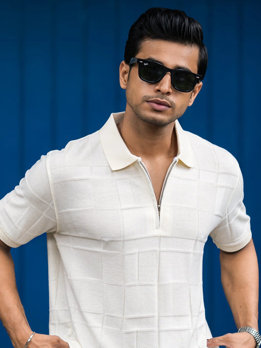Cubic Knit Cream Half Sleeve Polo T-Shirt