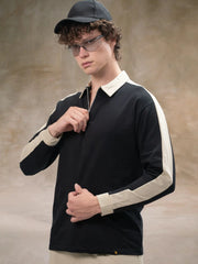 Sleeve CutPanel Black Full Sleeve Polo T-Shirt